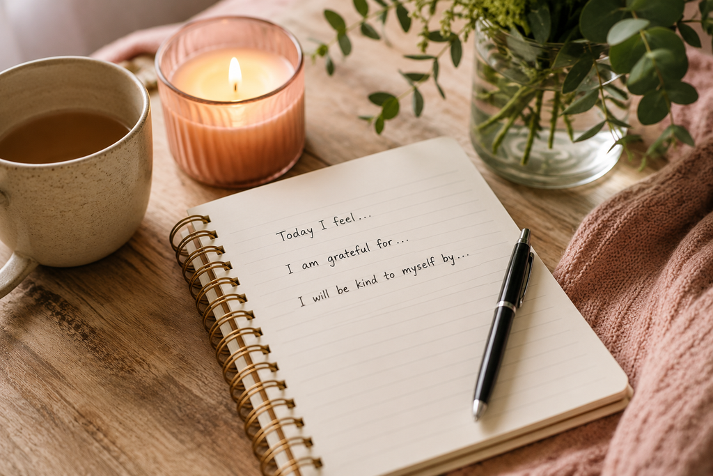 Journal and cup of tea for quiet reflection and emotional healing.